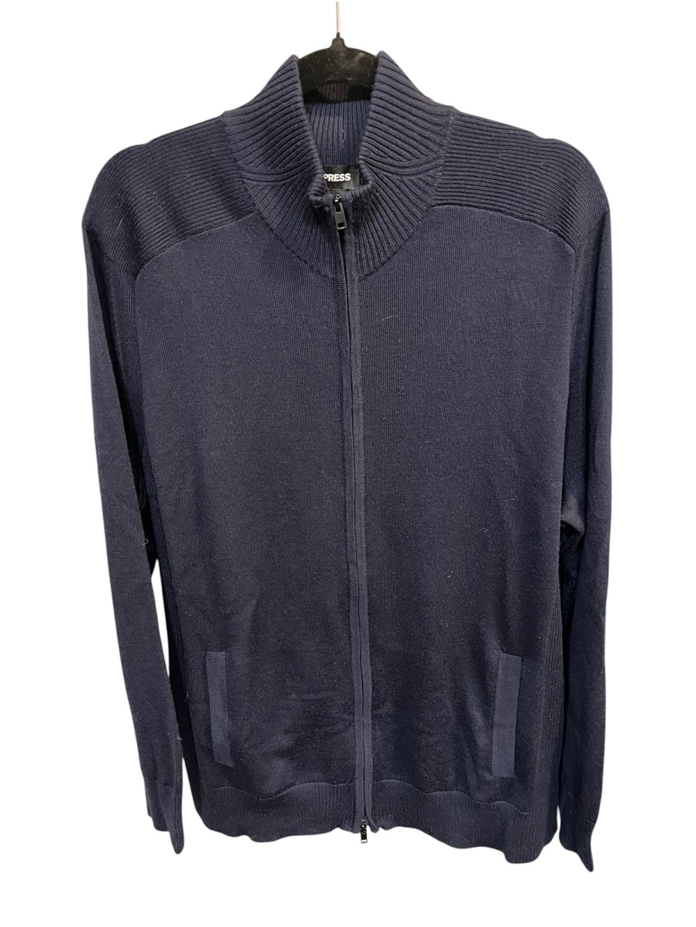 Express Men Navy Blue Merino Wool Zip Up Long Sleeve Sweater - XL